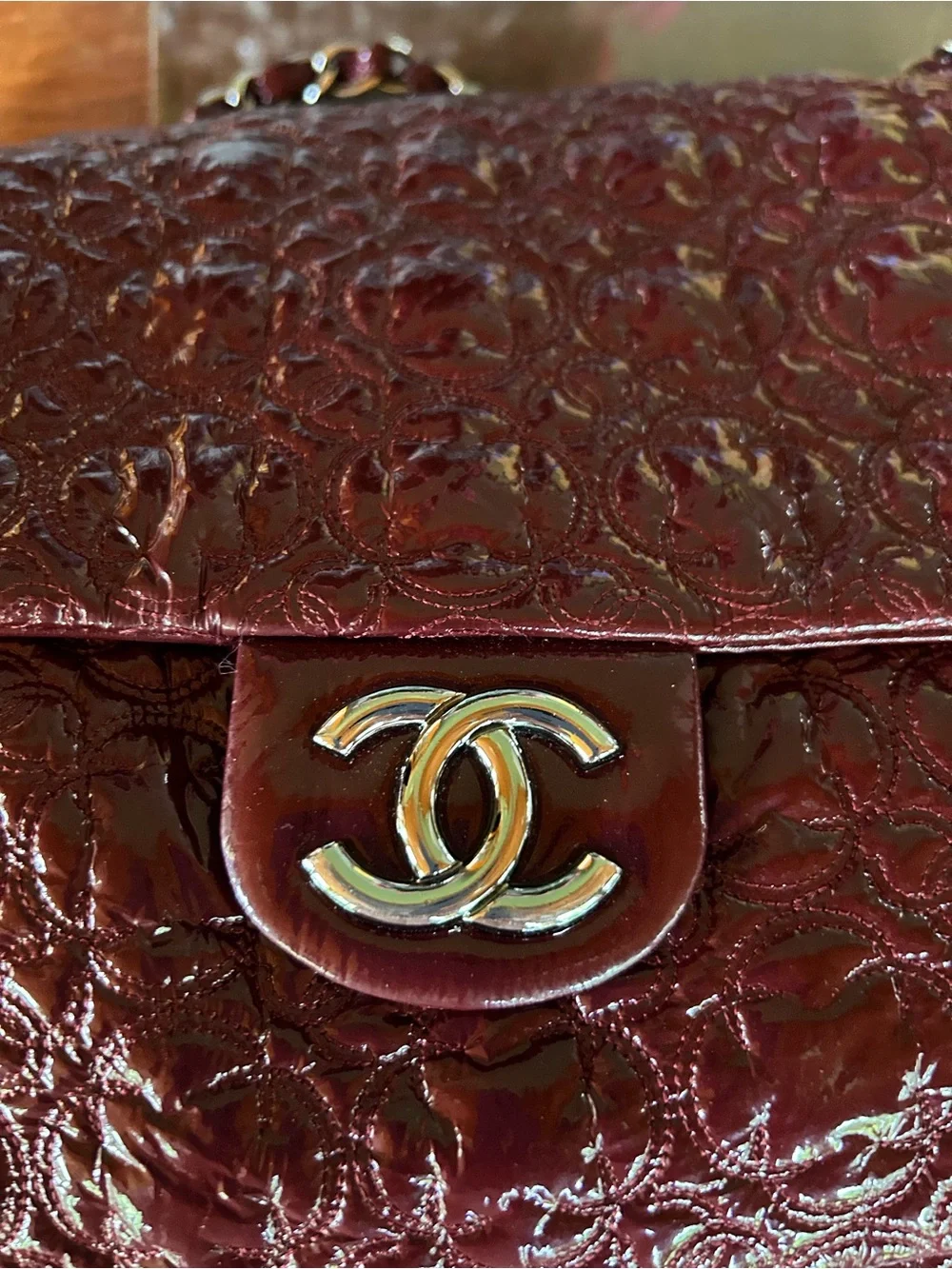 Chanel Patent Leather Camellia Jumbo Bag
